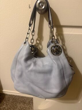 Michael Kors Pale Blue Leather Shoulder Hobo with Silver Chain Handles